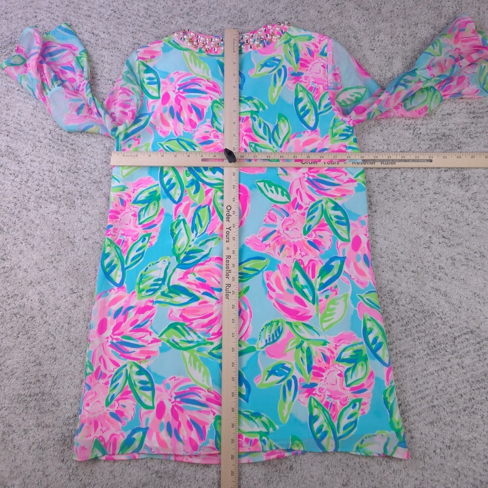 Lily Pulitzer Dress Size Small Elenora Silk Bell Sleeve Beaded Floral Pink Blue - Picture 7 of 9